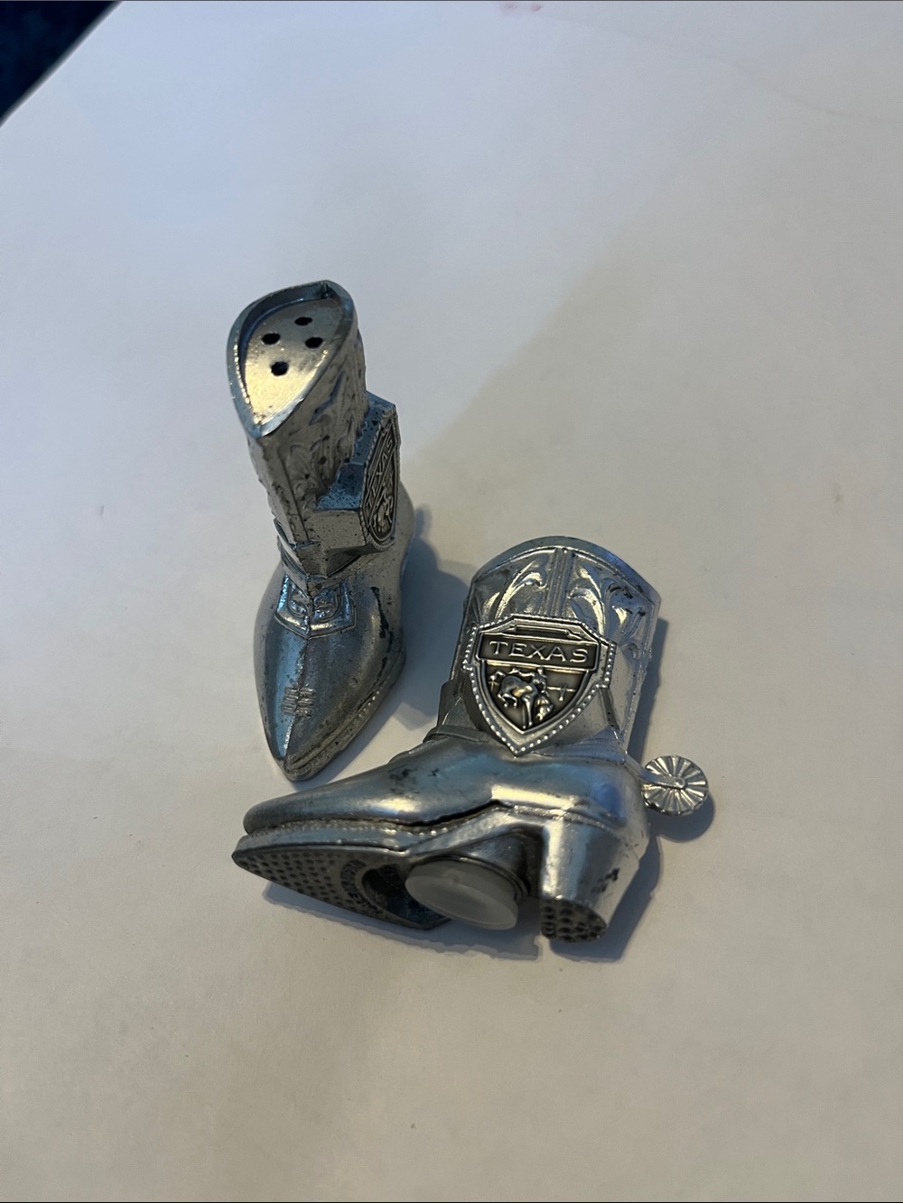Vintage Silver Cowboy Boot Salt & Pepper Shakers - Texas Emblem